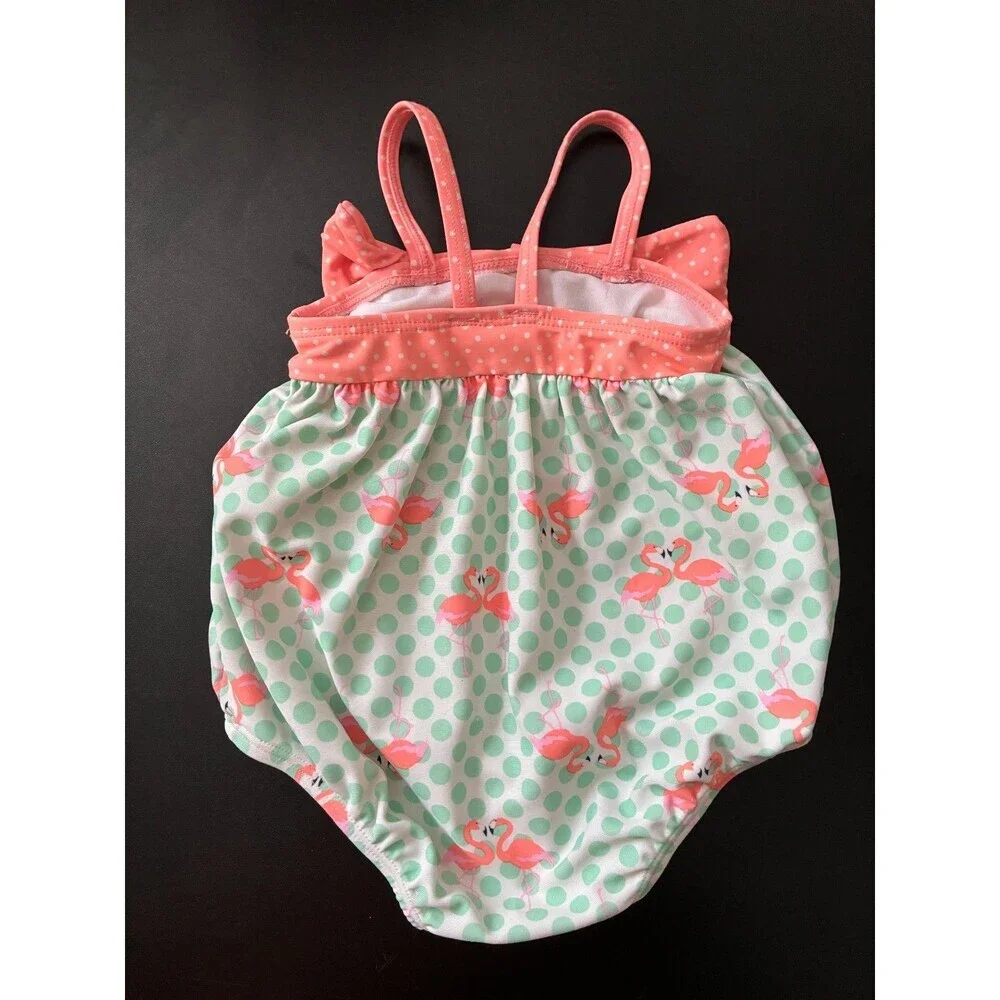 Baby Girl's Flamingo Polka Dot One-Piece Swimsuit 3-6 Months Peach Green Bow